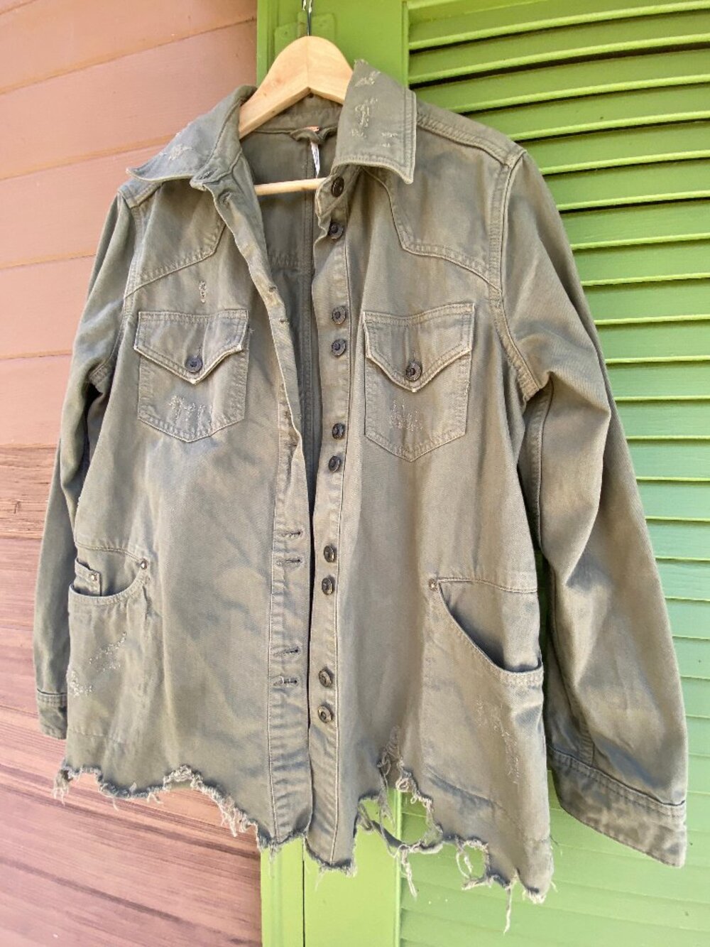 Free People Moonchild Distressed Denim Shirt Shacket in Army Olive -Size Small